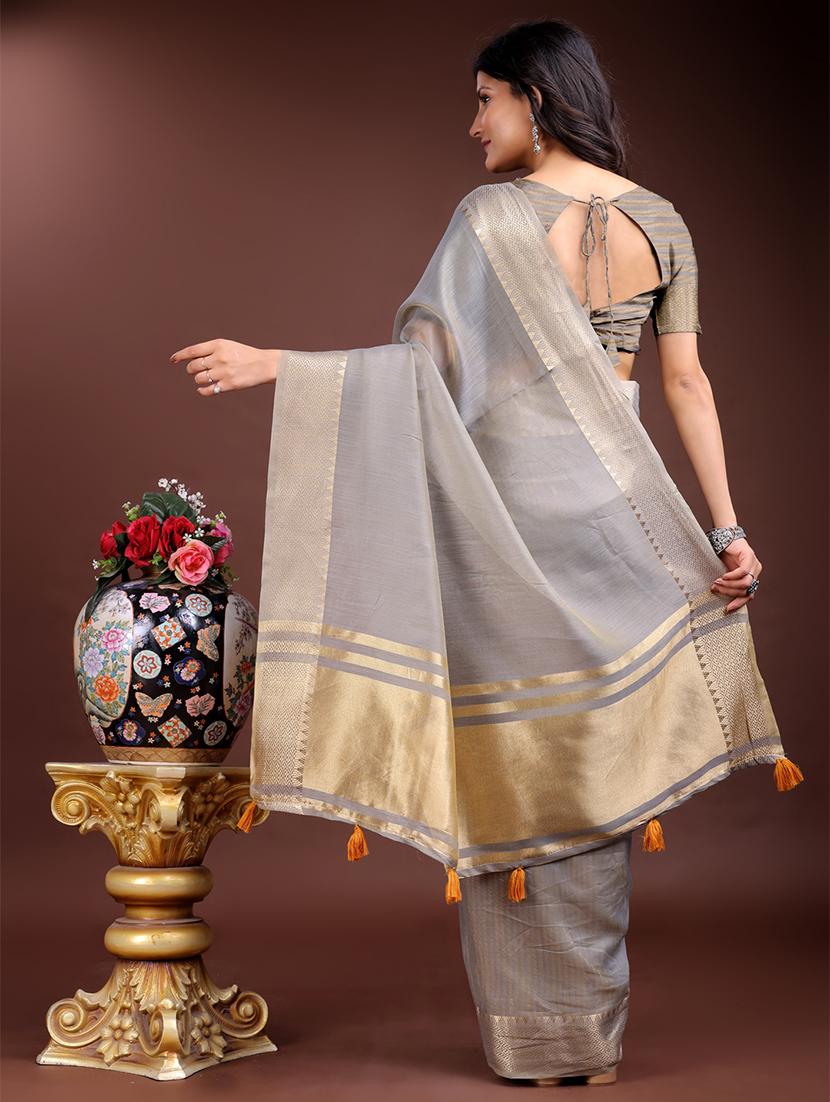 women solid with bordered ready to wear saree with blouse - 21932436 - Standard Image - 2