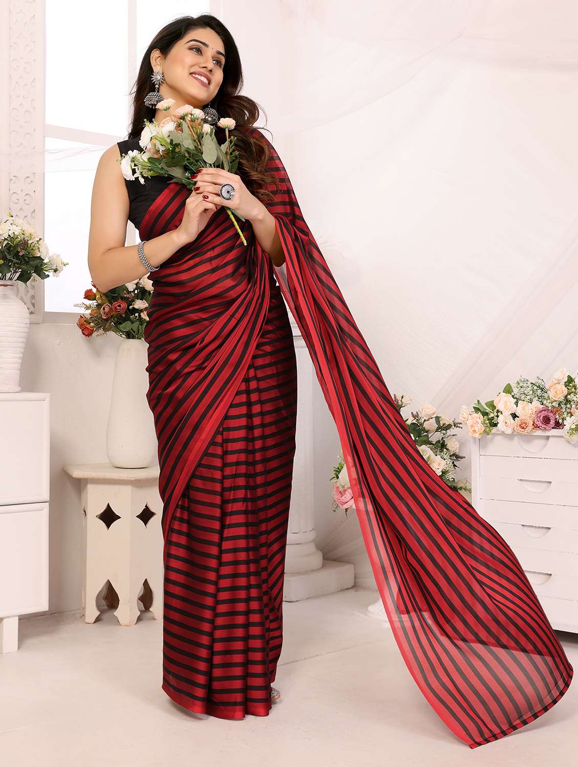 women striped ready to wear saree with blouse - 21932448 -  Standard Image - 2