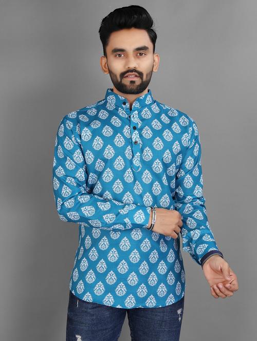 men printed mandarin neck short kurta - 21932460 - Standard Image - 0