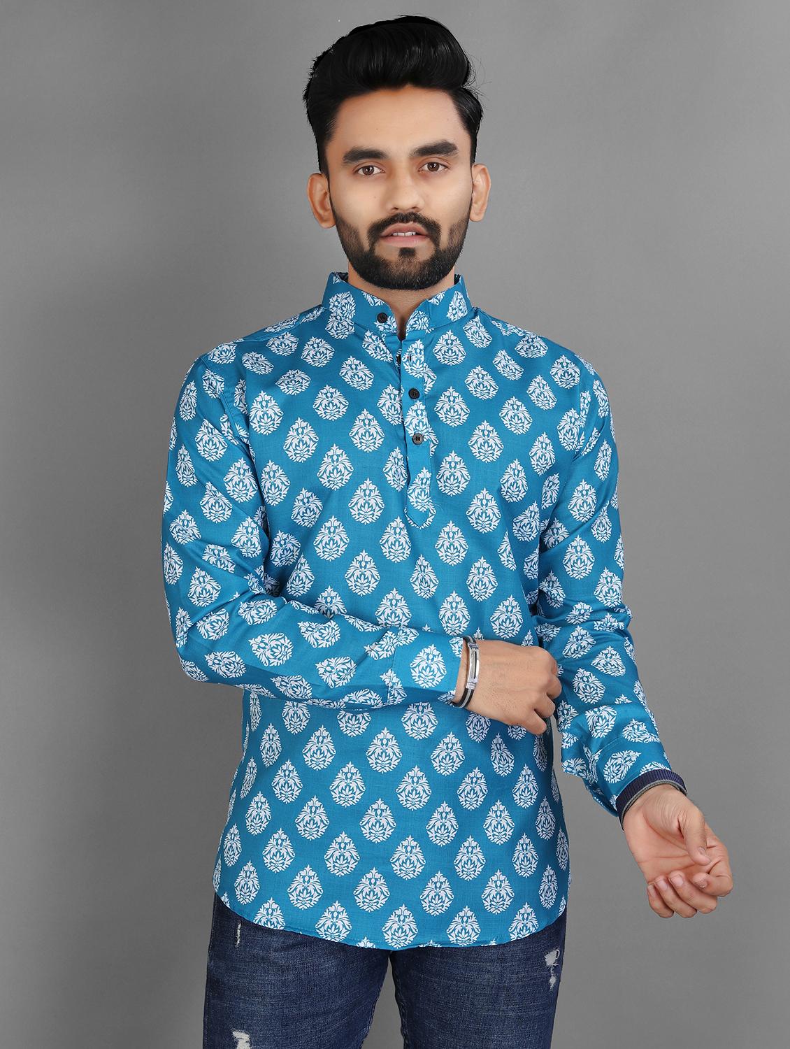 men printed mandarin neck short kurta - 21932460 - Zoom Image - 0