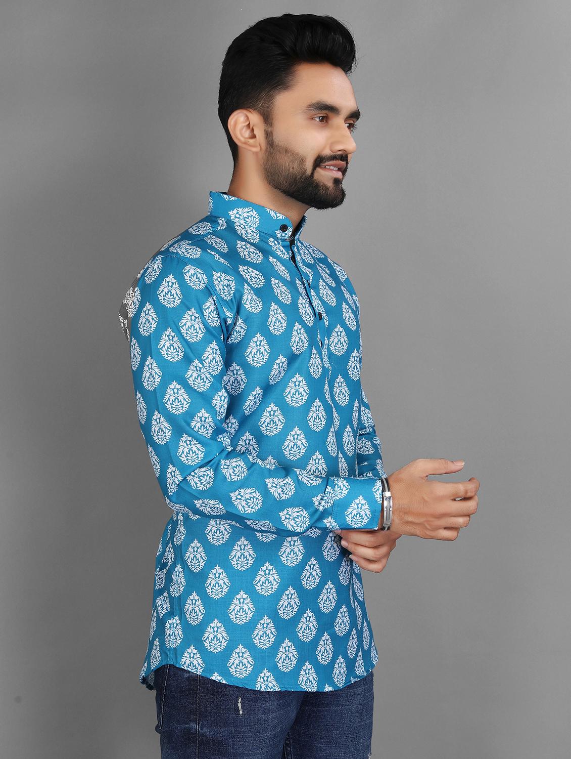 men printed mandarin neck short kurta - 21932460 - Standard Image - 2