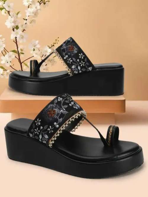 women black embroidered slip on wedge
