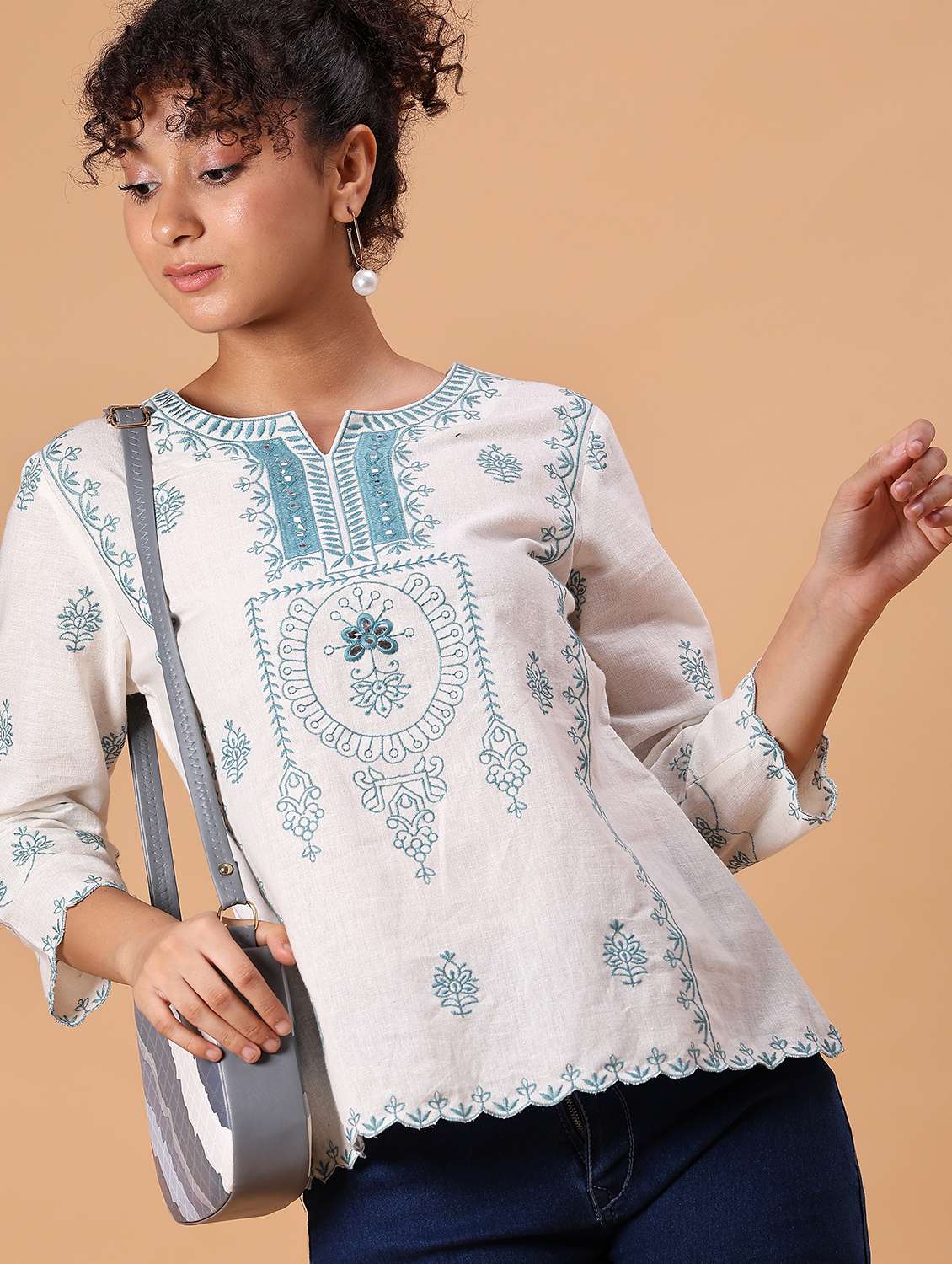 women embroidered notch neck a-line kurti
