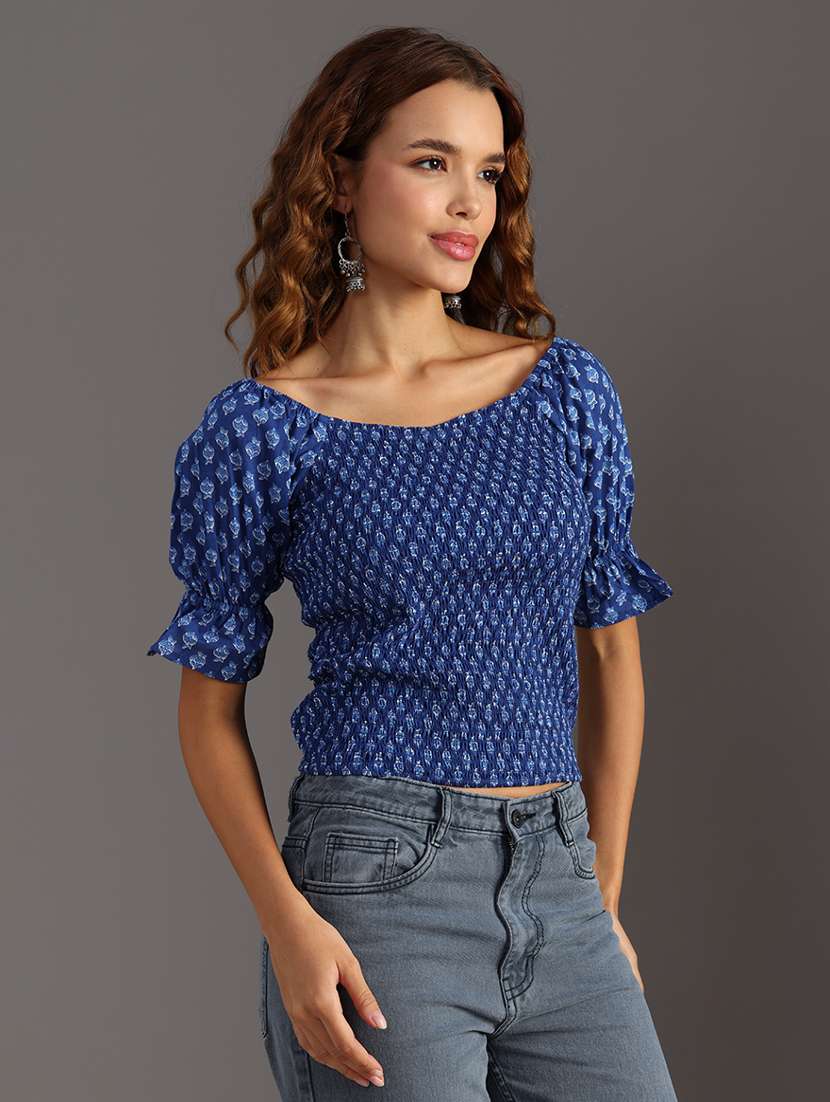 Women Printed Puff Sleeve Smocked Crop Top - 21932614 -  Standard Image - 2