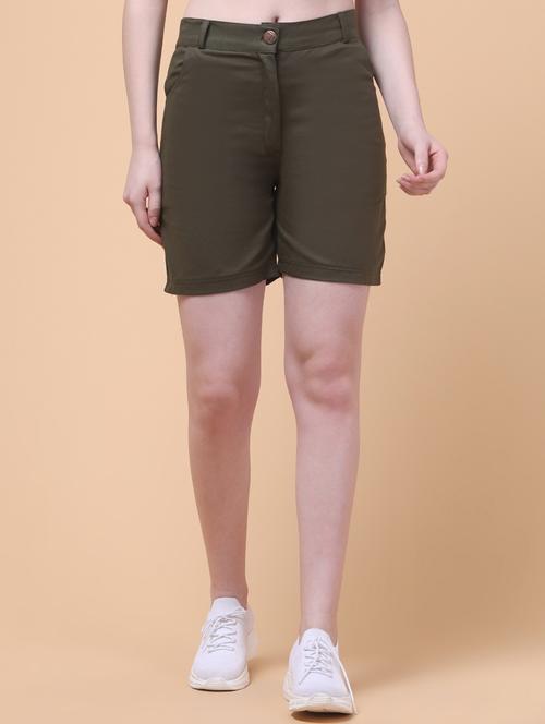 women olive solid mid rise shorts - 21932746 - Standard Image - 0