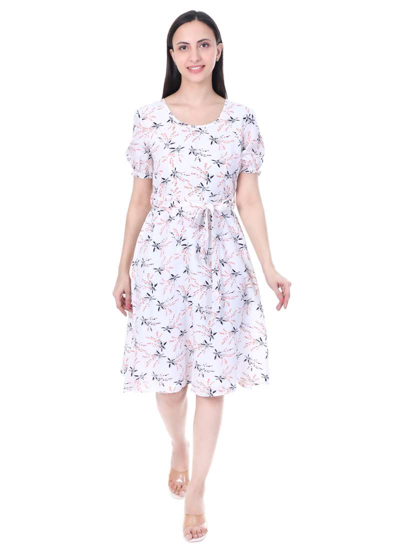 women pinted puff sleeves fit & flare dress