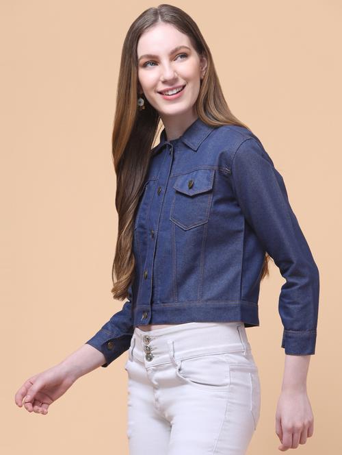 women solid long sleeves crop denim jacket - 21932774 - Standard Image - 0