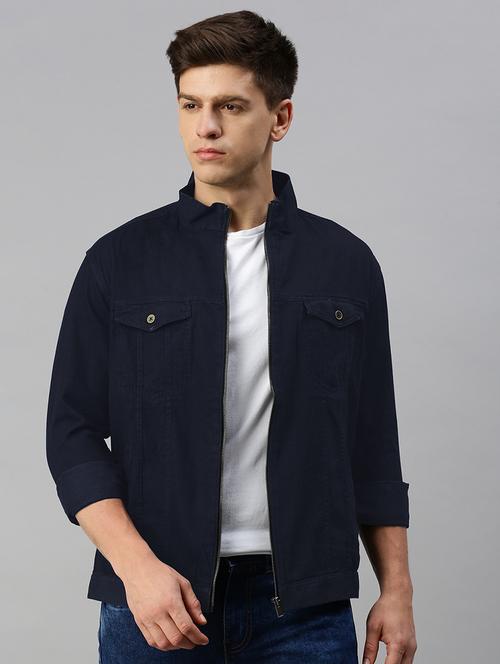 men navy blue solid long sleeve casual jacket - 21933401 -  Standard Image - 0