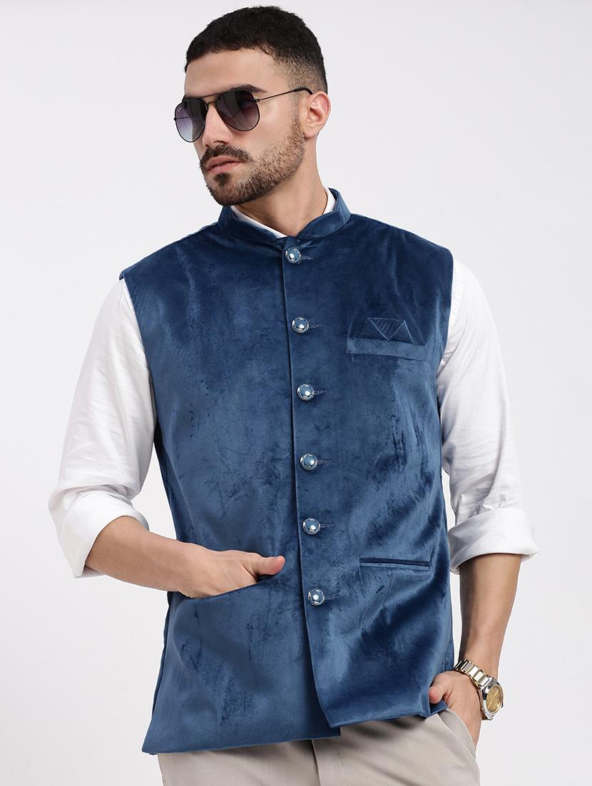 mens blue velvet mandarin collar nehru jacket - 21933416 -  Zoom Image - 0