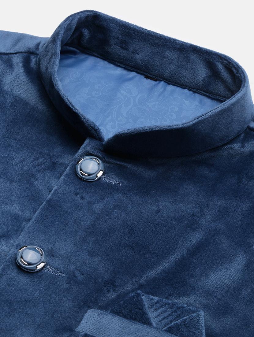 mens blue velvet mandarin collar nehru jacket - 21933416 - Standard Image - 2