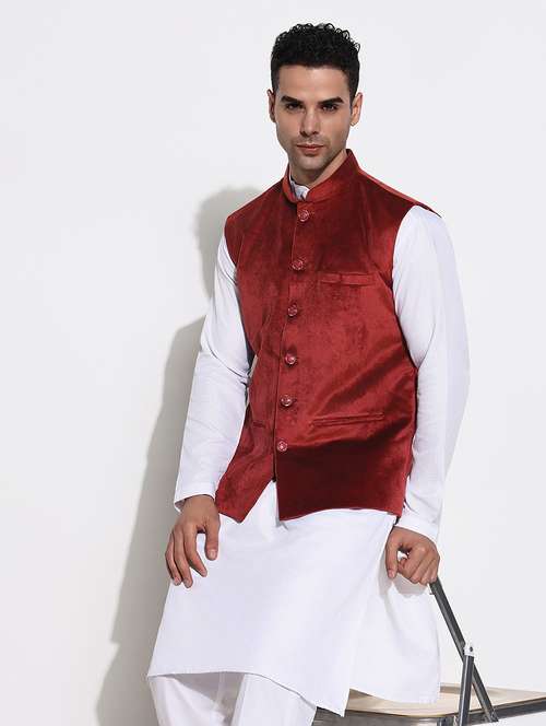 men solid mandarin neck regular fit nehru jacket - 21933421 - Standard Image - 0