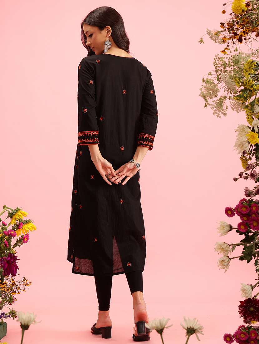 women chikankari three quarter sleeve straight kurta - 21933423 -  Standard Image - 2