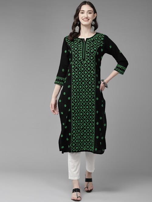 women chikankari three quarter sleeve straight kurta - 21933425 - Standard Image - 0