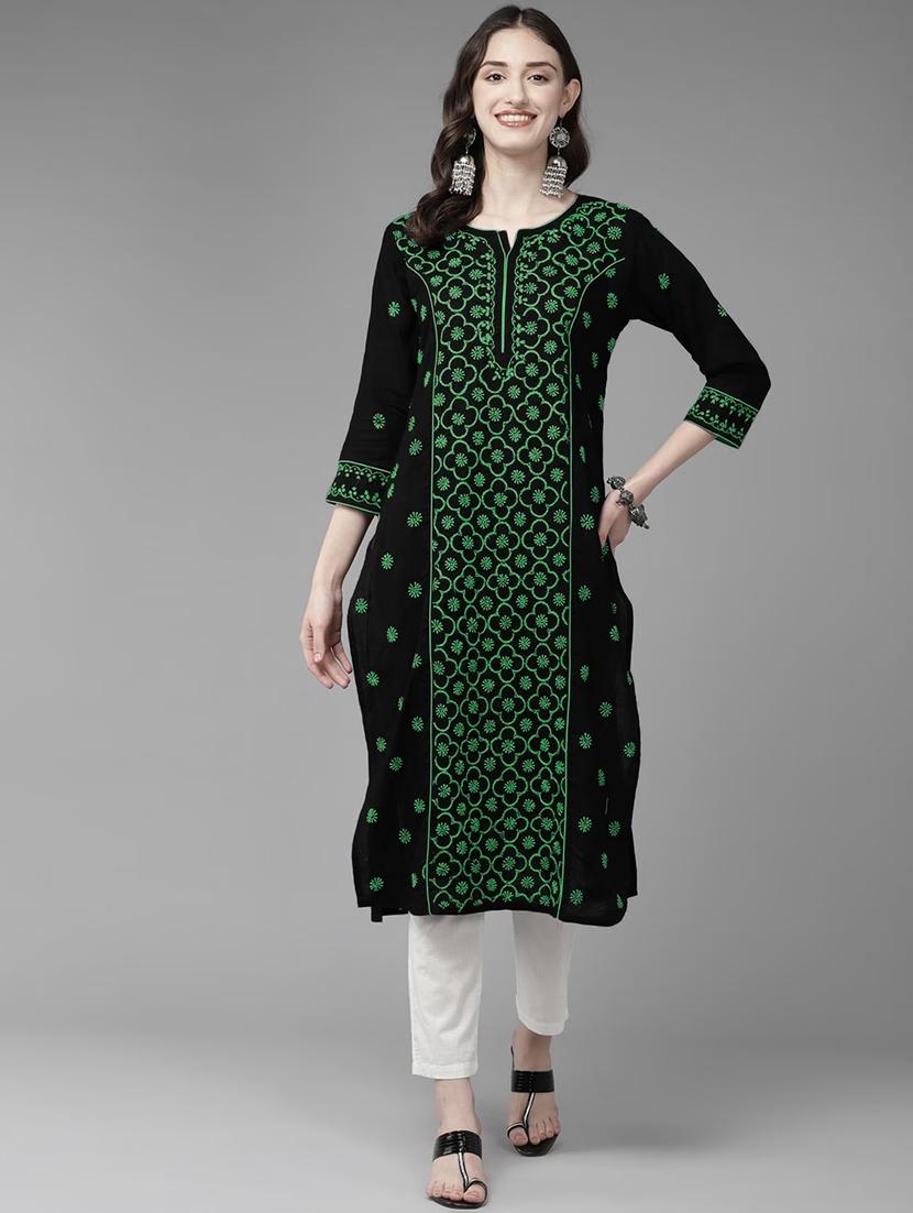 women chikankari three quarter sleeve straight kurta - 21933425 - Zoom Image - 0