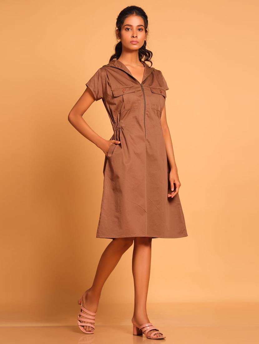 women solid short sleeve hooded a-line dress - 21933480 - Zoom Image - 0