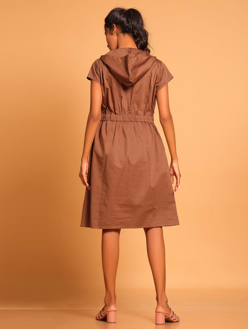 women solid short sleeve hooded a-line dress - 21933480 - Standard Image - 2