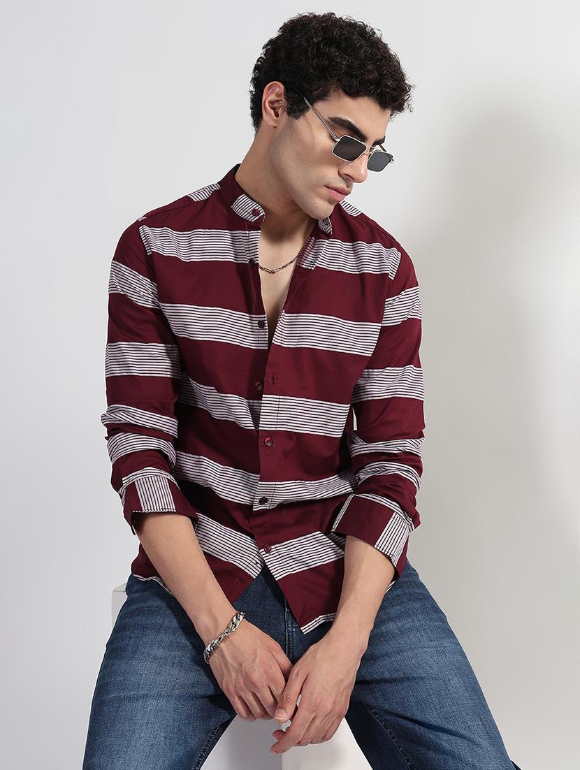 men printed long sleeve mandarin neck shirt