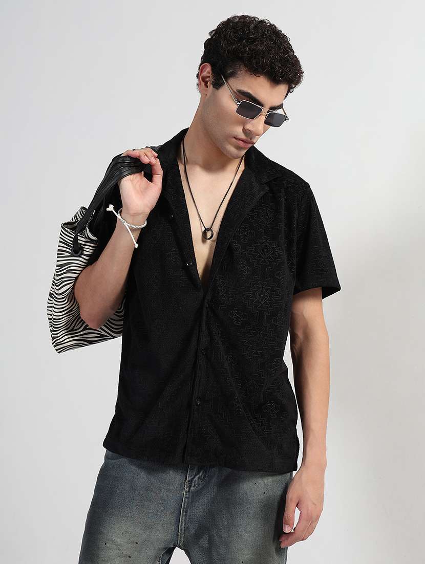 men textured cuban collar short sleeve loose fit shirt