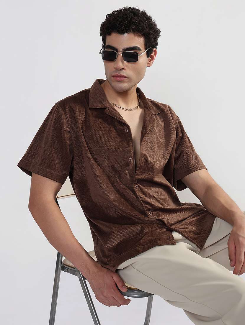 men textured cuban collar short sleeve loose fit shirt