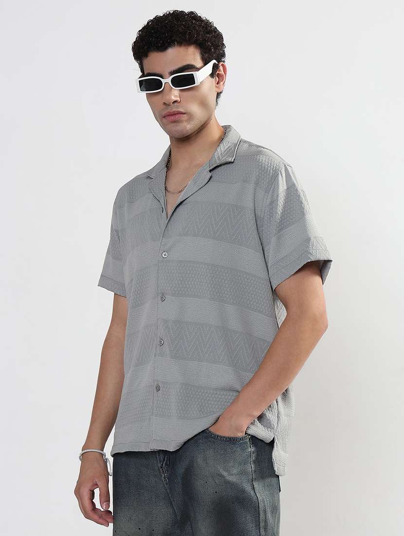 men textured cuban collar short sleeve loose fit shirt - 21933674 -  Standard Image - 2