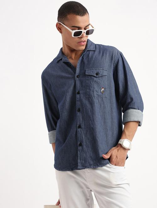 men printed long sleeve cuban collarr denim shirt - 21933701 -  Standard Image - 0
