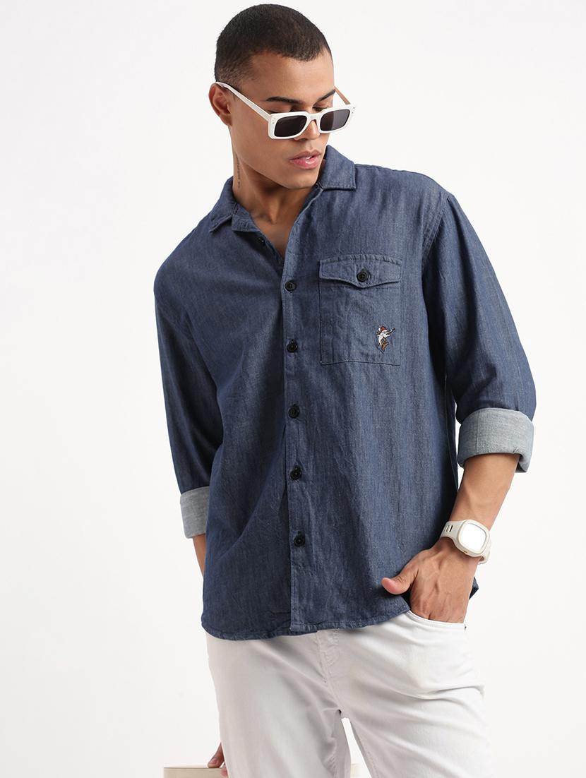 men printed long sleeve cuban collarr denim shirt
