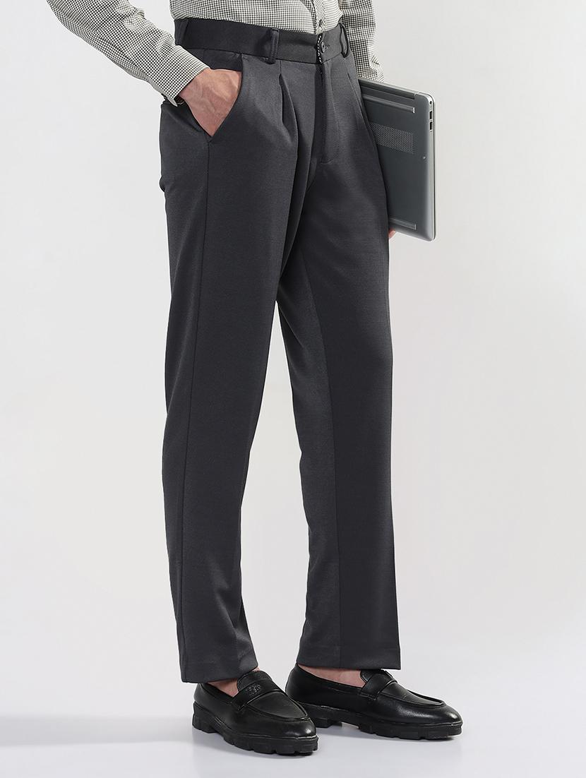 men grey solid mid rise pleated formal trousers