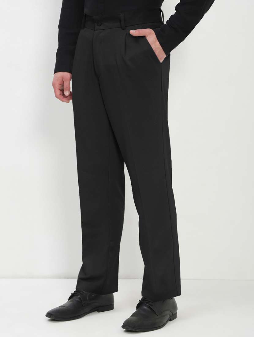 men black solid low rise pleated formal trouser - 21933735 -  Standard Image - 2