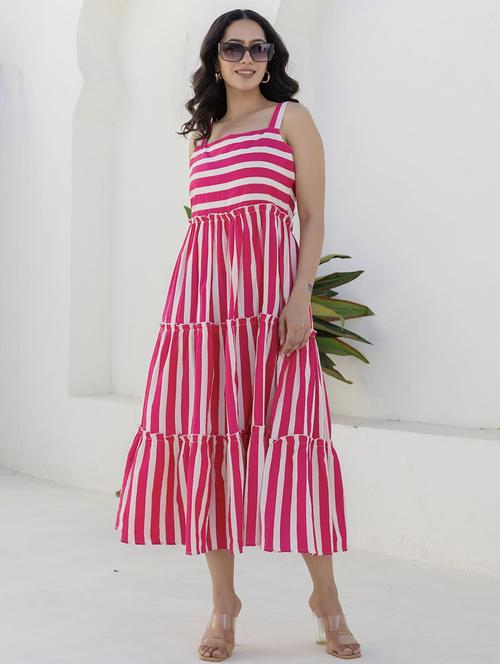 women striped shoulder strap tiered dress - 21933830 -  Standard Image - 0