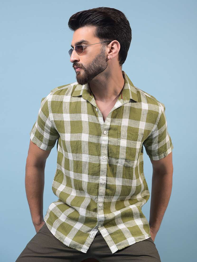 men checkered short sleeve slim fit casual shirt