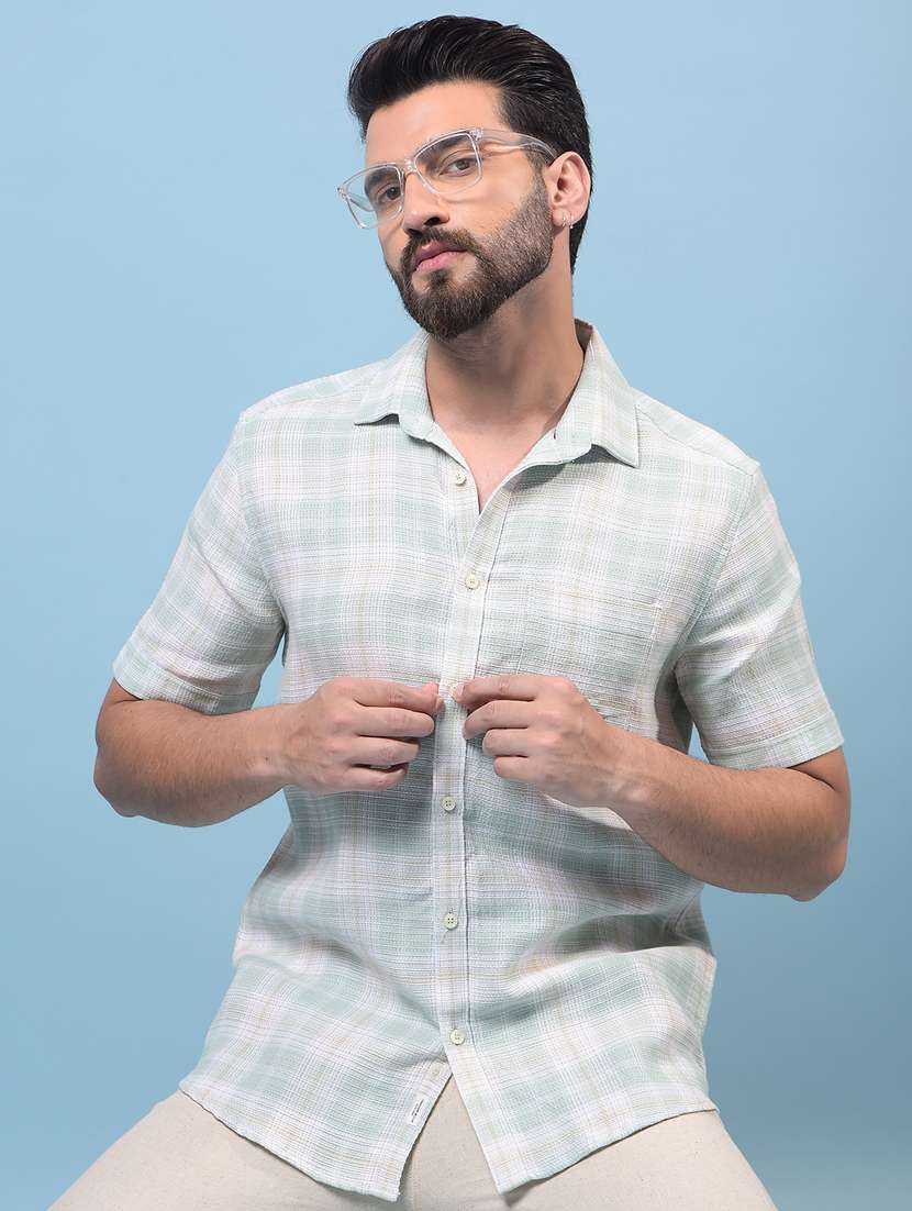 men checkered short sleeve slim fit casual shirt