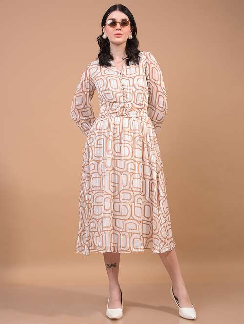 women printed puff sleeves fit & flare dress - 21933955 -  Standard Image - 0