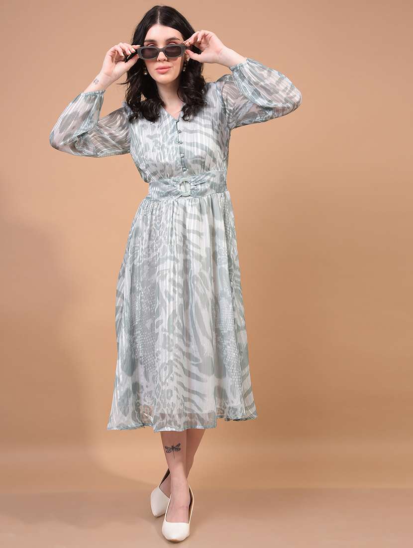 women animal print puff sleeves fit & flare dress - 21933956 -  Zoom Image - 0