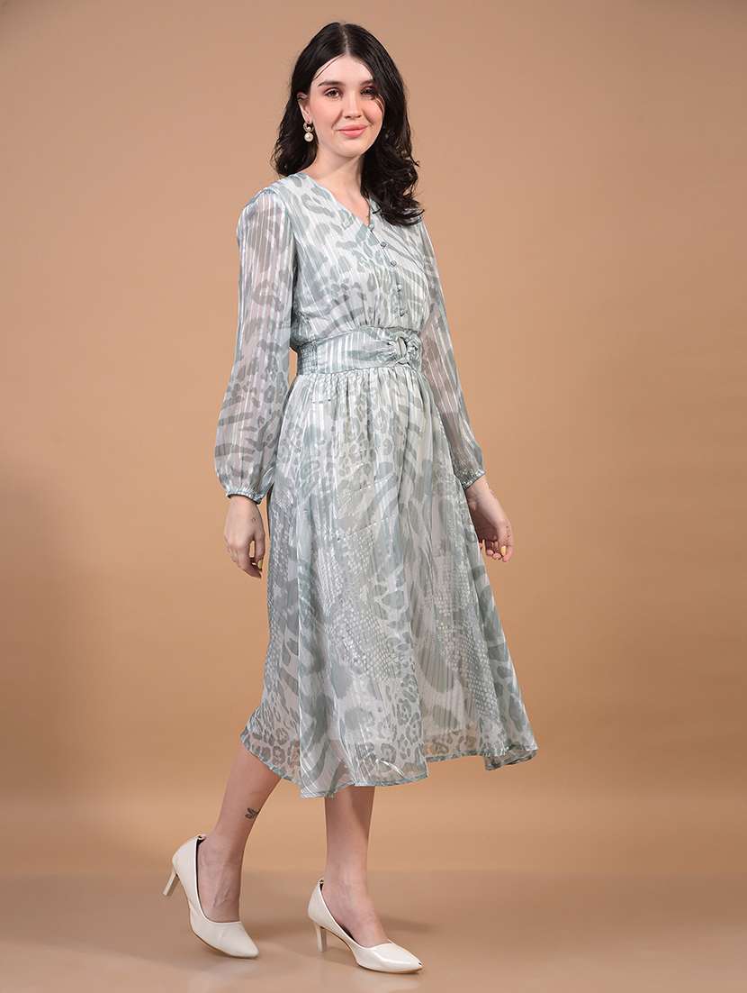 women animal print puff sleeves fit & flare dress - 21933956 - Standard Image - 2