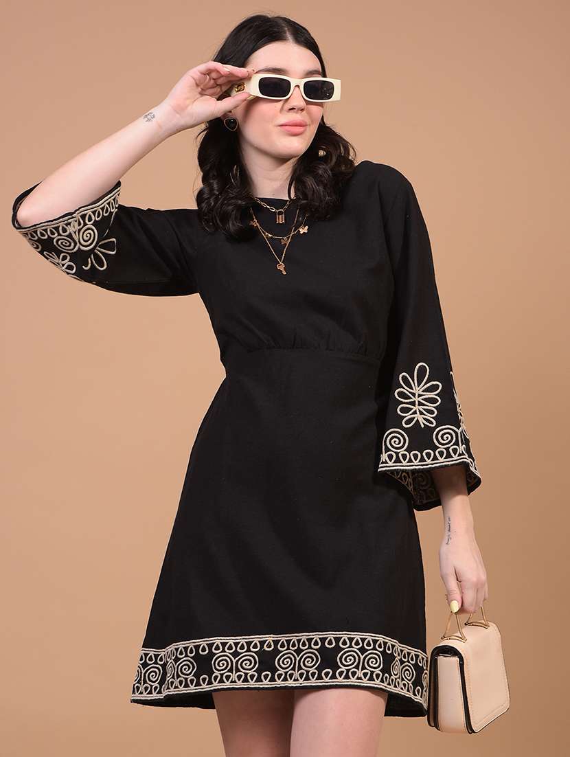 women embroidered bell sleeve a-line dress