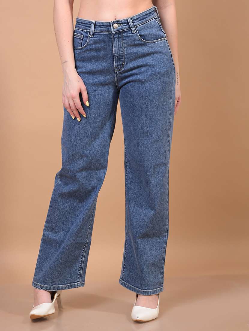 women solid high rise straight fit jean