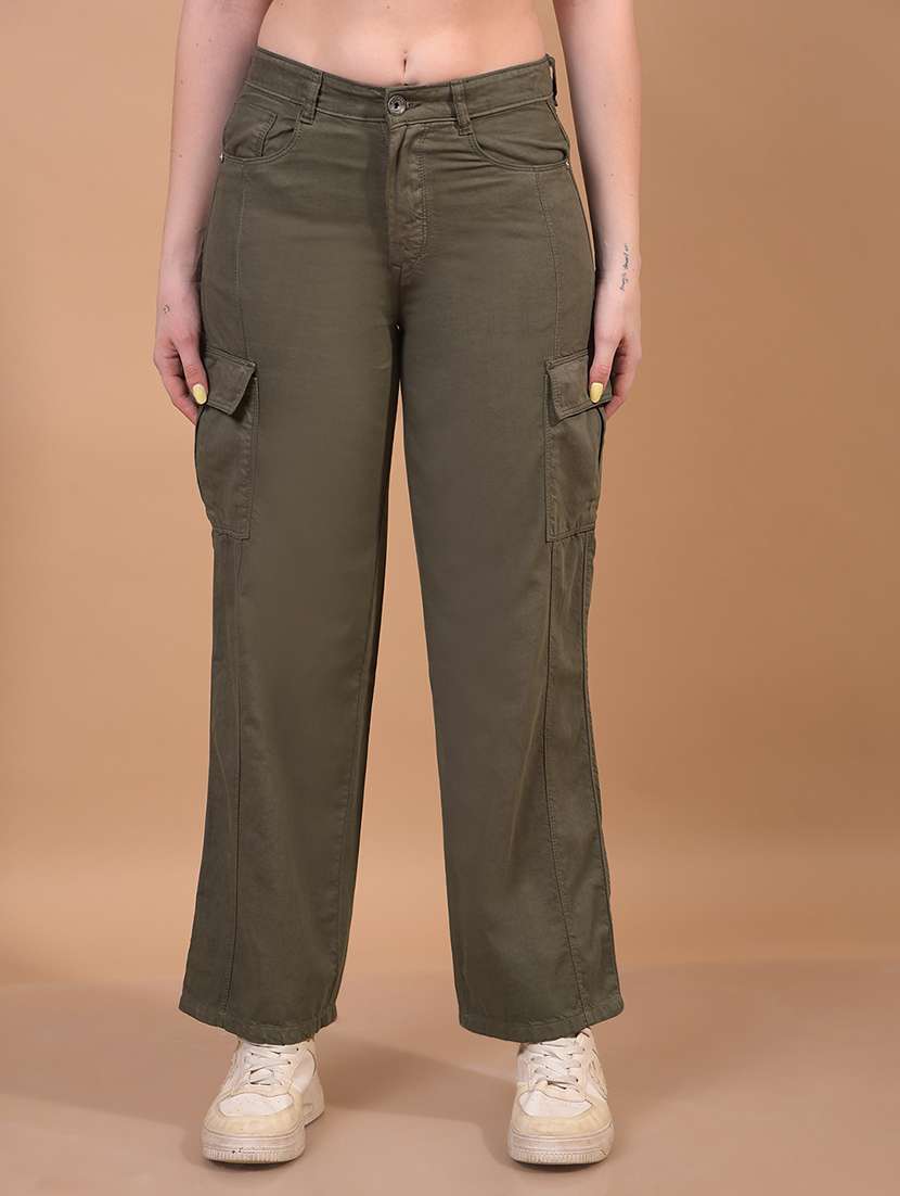 women solid mid rise denim cargo