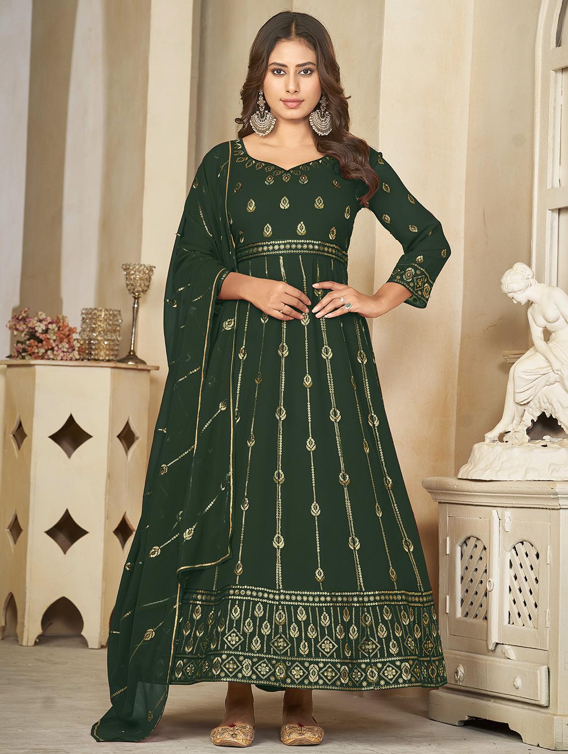women embroidered three quarter sleeve semi-stitched suit set - 21934000 - Zoom Image - 0