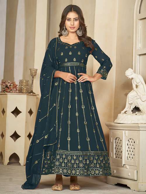 women embroidered three quarter sleeve semi-stitched suit set - 21934002 -  Standard Image - 0