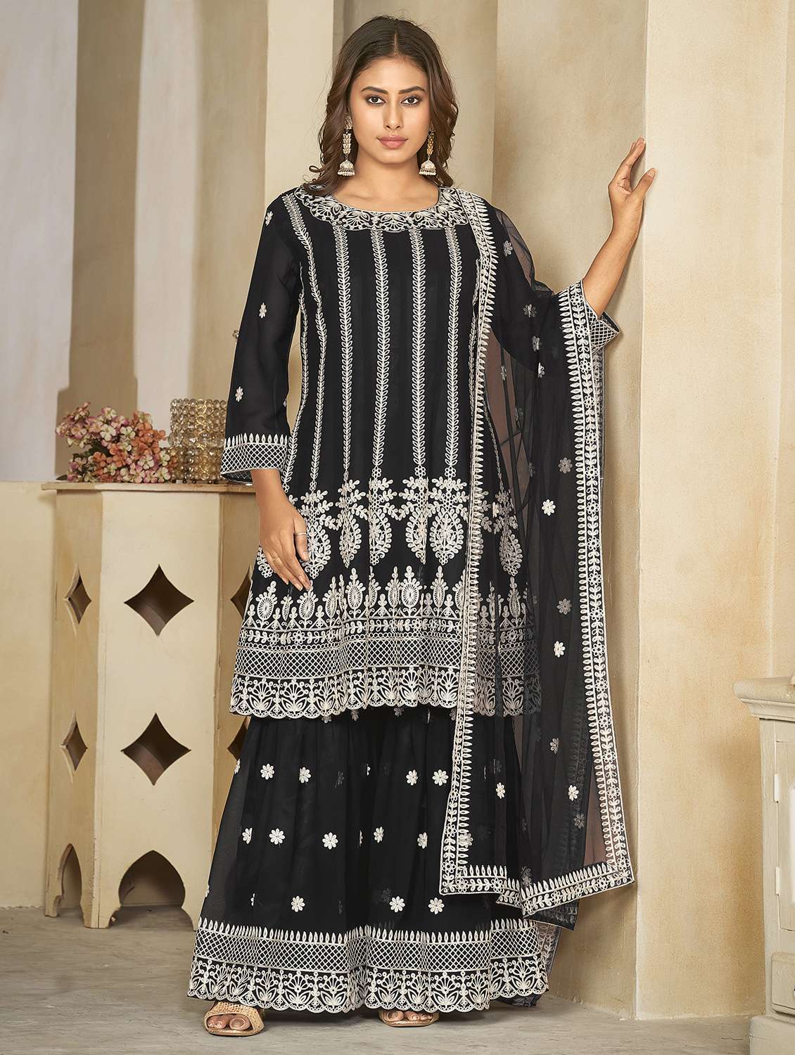 women embroidered three quarter sleeve semi-stitched suit set
