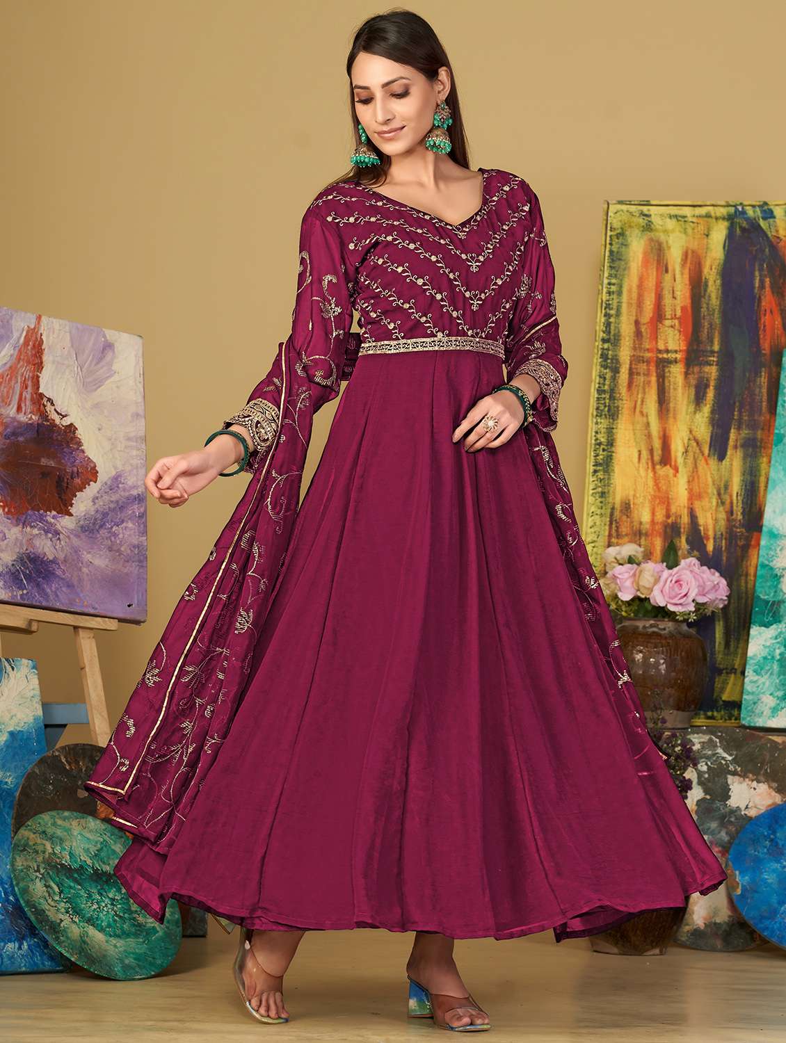 women embroidered semi-stitched anarkali suit set - 21934005 -  Zoom Image - 0