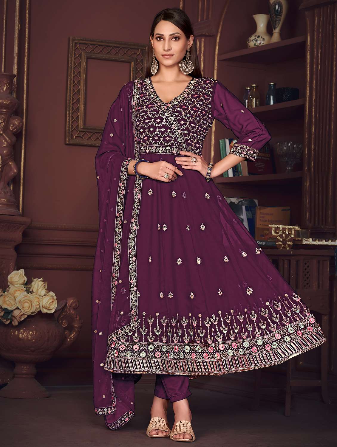 women embroidered semi-stitched anarkali suit set