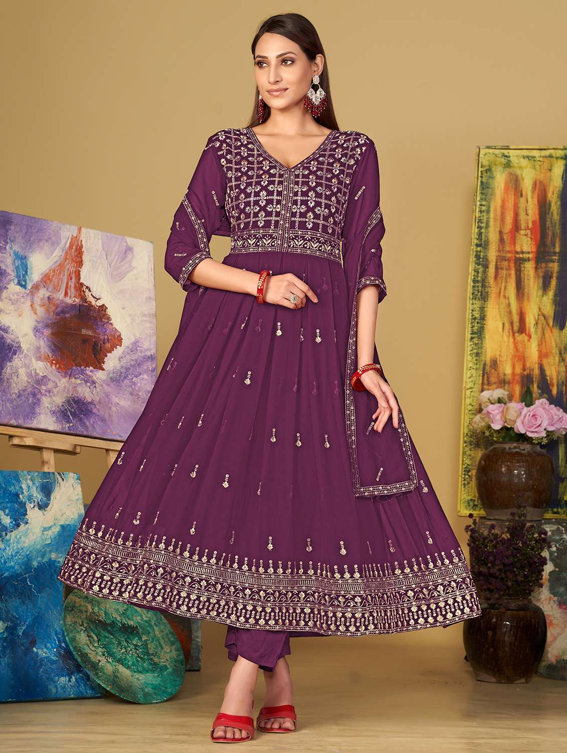 women embroidered semi-stitched anarkali suit set - 21934016 -  Zoom Image - 0