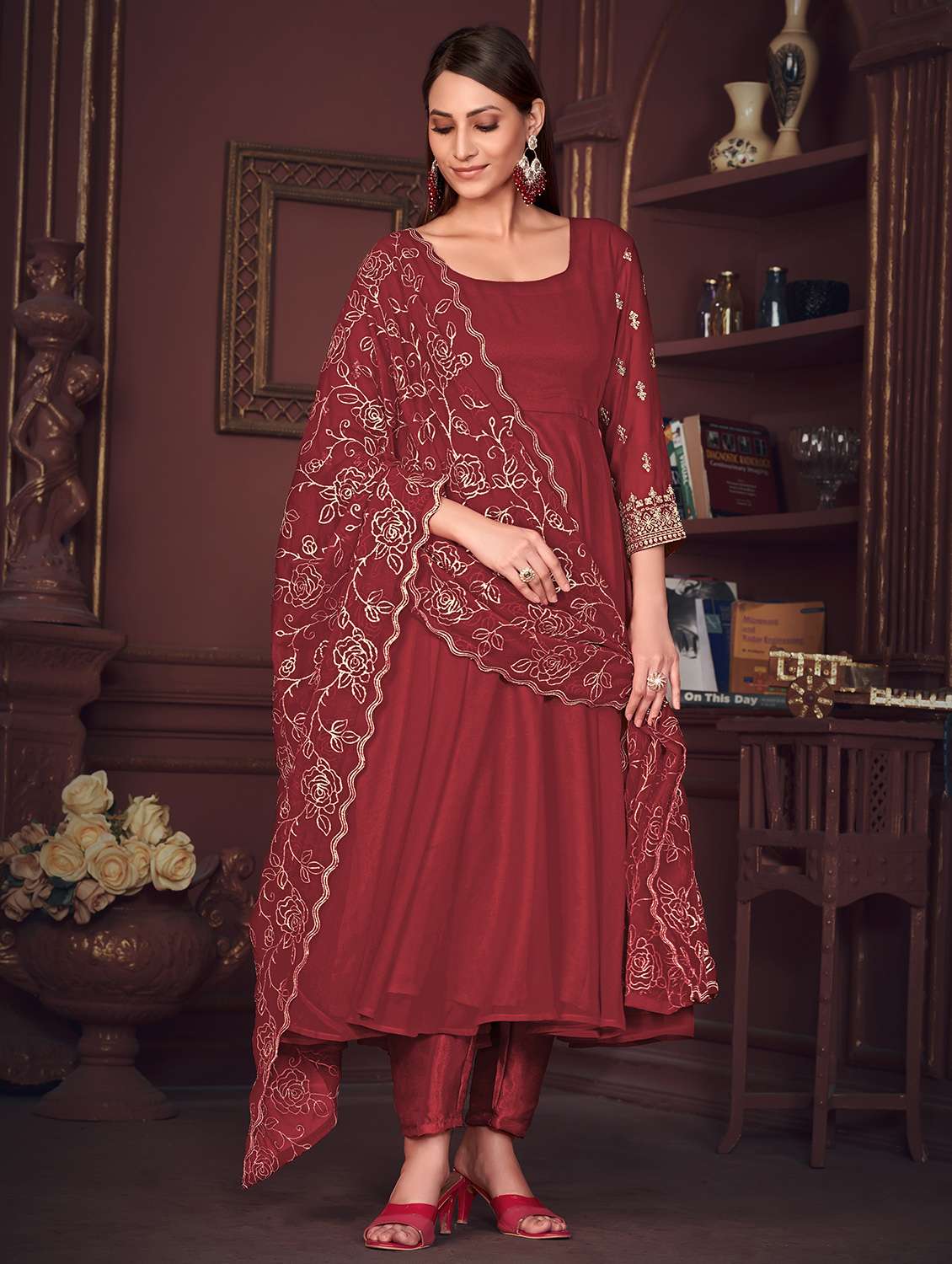 women embroidered semi-stitched anarkali suit set