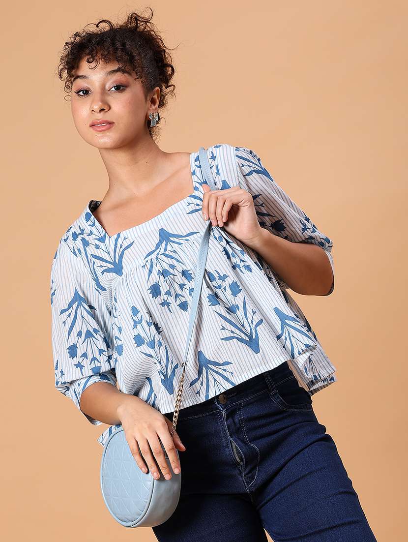 women printed elbow sleeve a-line top