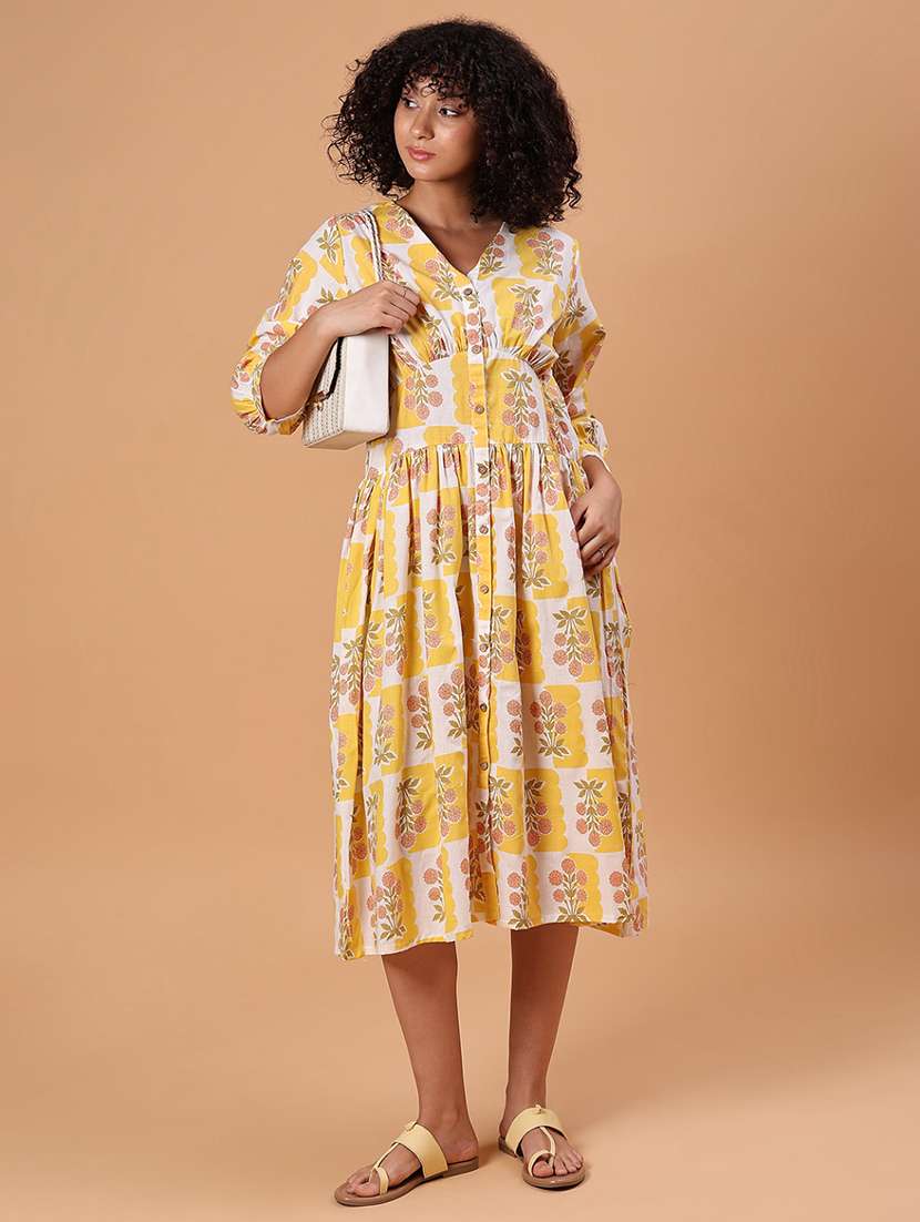 women printed three quarter sleeve a-line dress