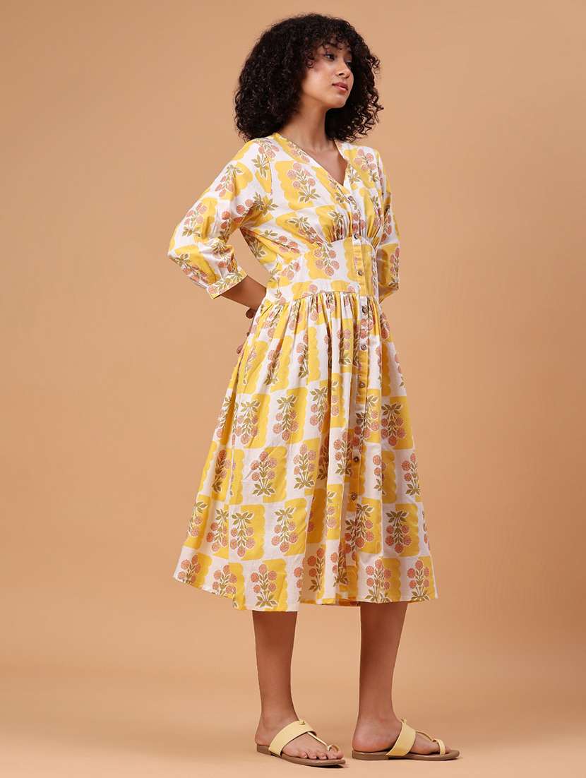 women printed three quarter sleeve a-line dress - 21934103 -  Standard Image - 2