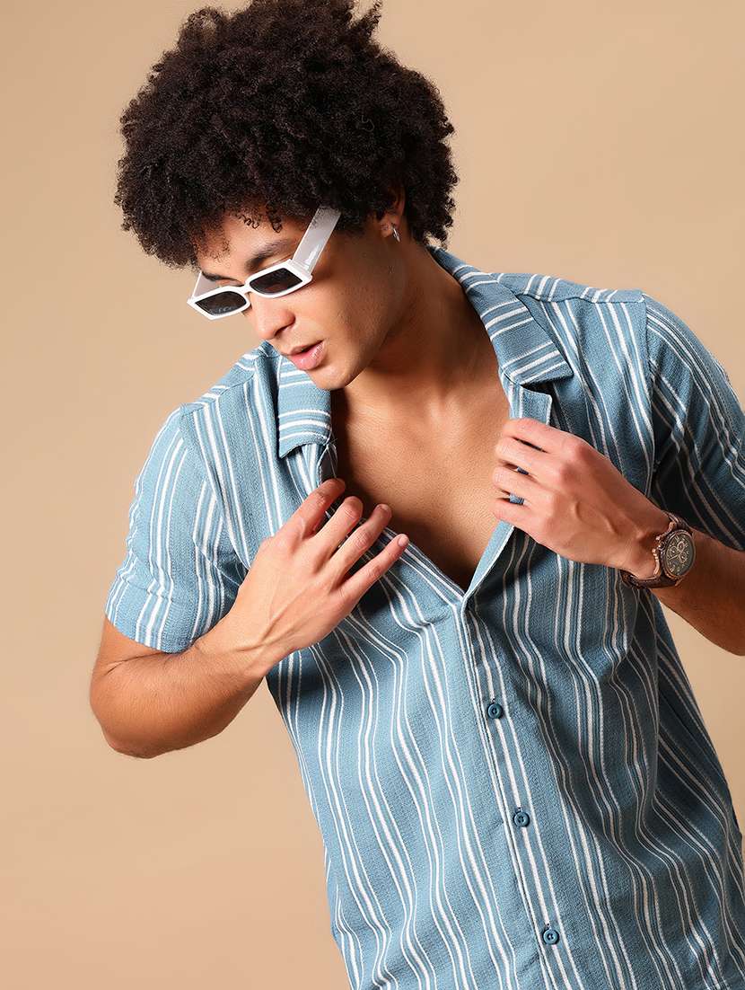 men striped short sleeve casual fit casual shirt