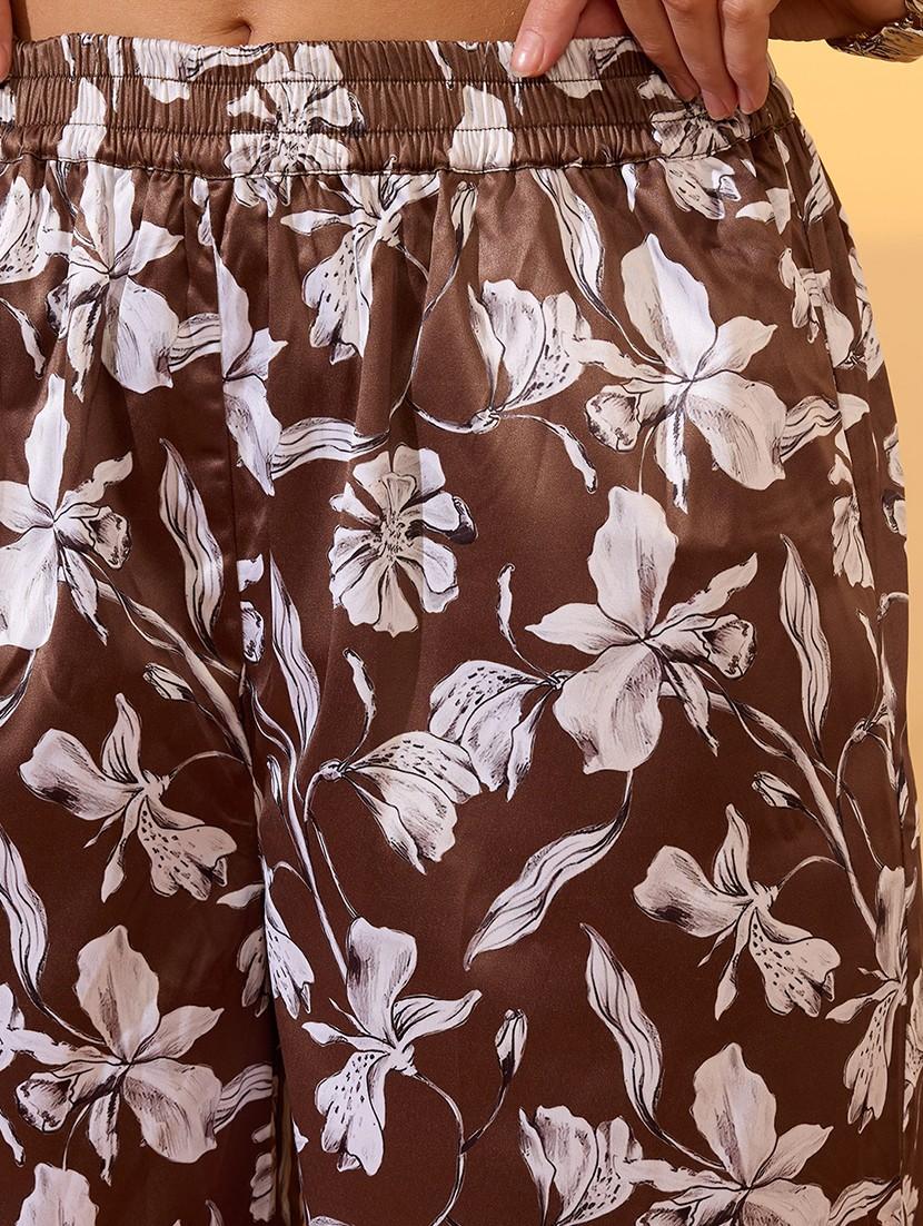 globus women brown floral print mid-rise satin elasticated wide leg resort trousers - 21934656 - Standard Image - 2