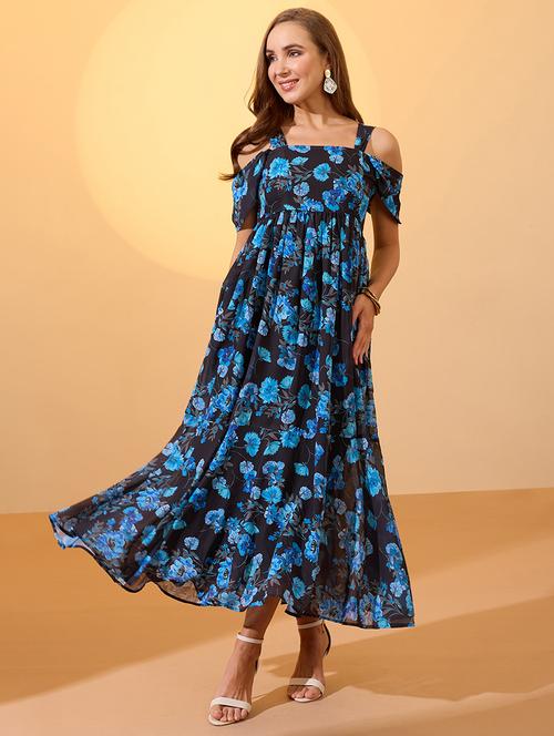 globus women blue floral printed square neck cold shoulder sleeves smocked fit & flare maxi dress - 21934658 - Standard Image - 0